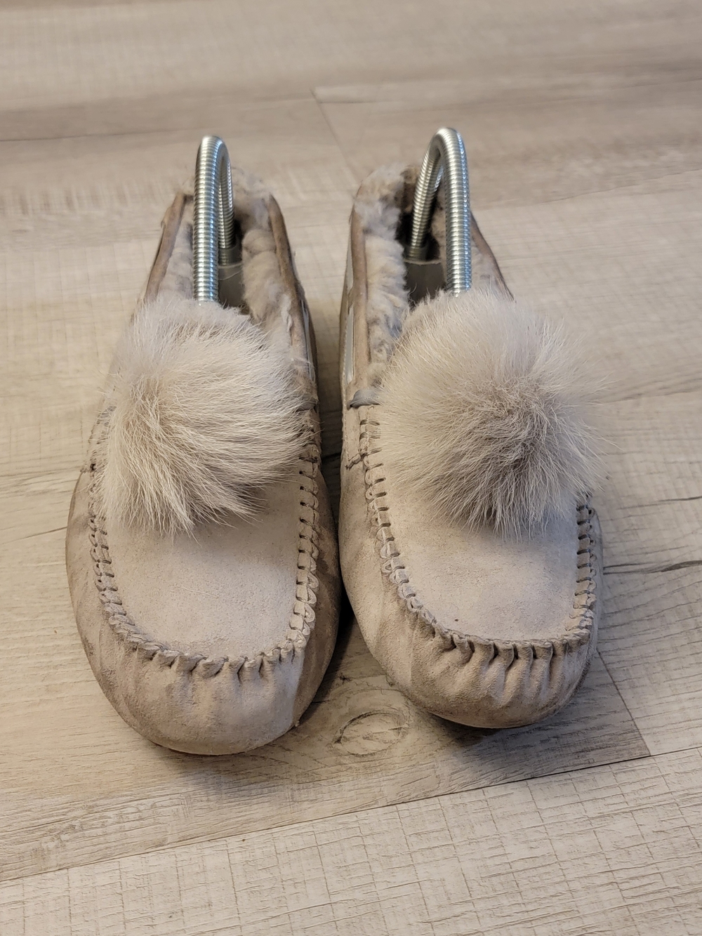 UGG Women's Neutral Beige Suede Pom-Pom Moccasins